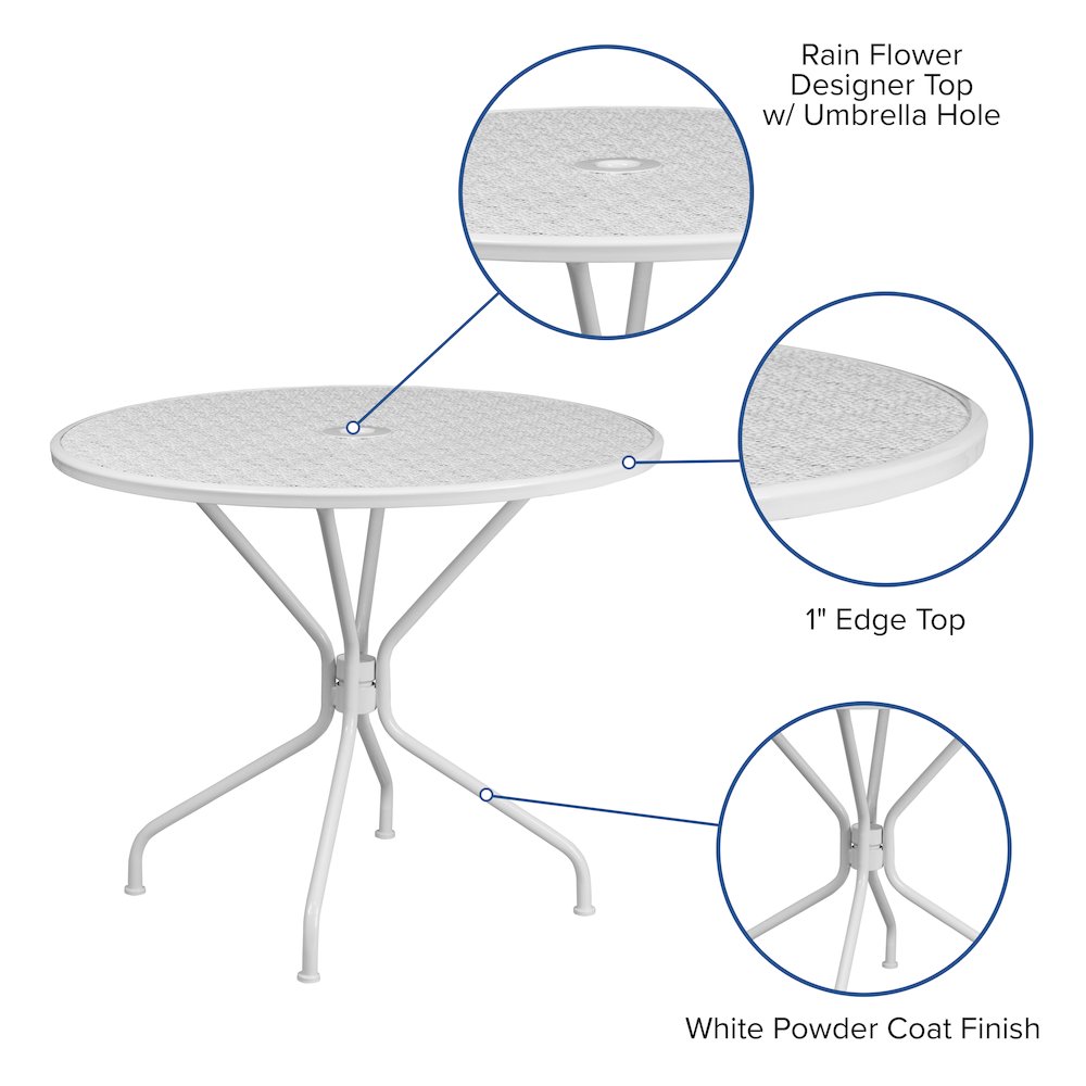 35.25" Round White Indoor-Outdoor Steel Patio Table with Umbrella Hole. Picture 4