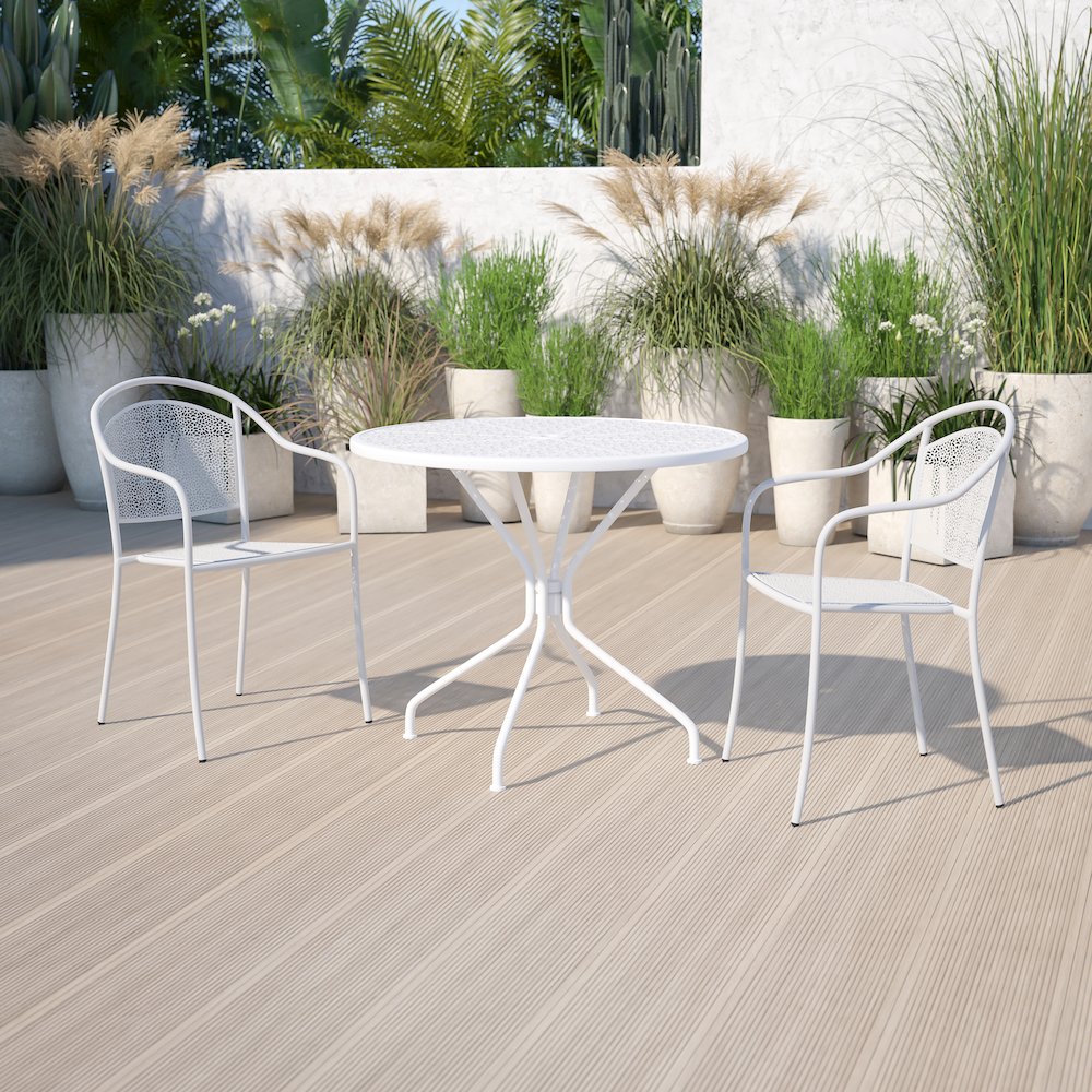 Commercial Grade 35.25" Round White Indoor-Outdoor Steel Patio Table with Umbrella Hole. Picture 3