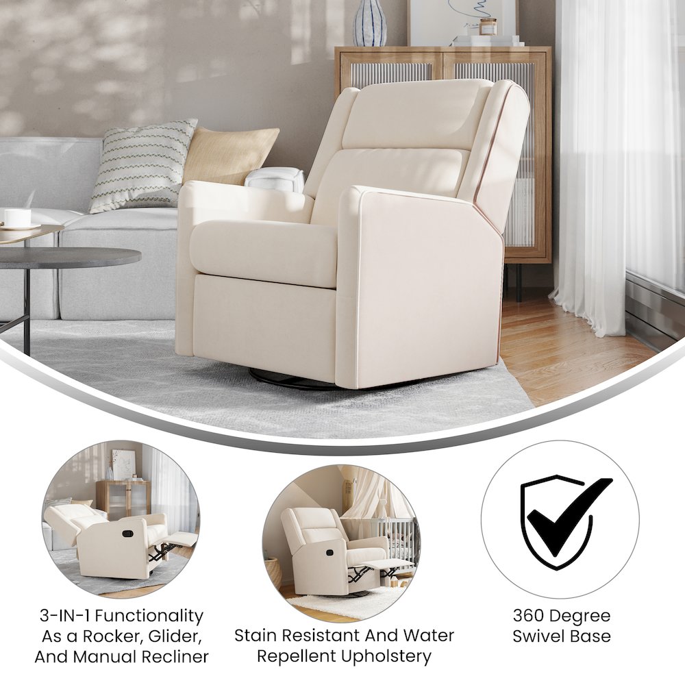 Manual Reclining Glider Swivel Chair, Cream. Picture 4