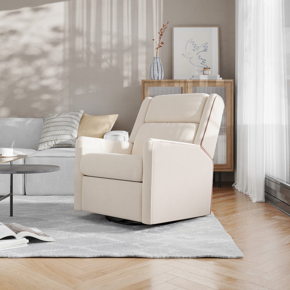 Manual Reclining Glider Swivel Chair, Cream. Picture 3