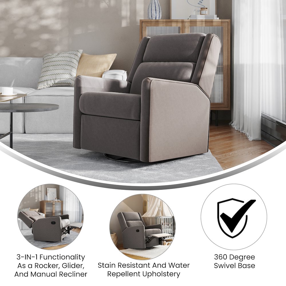 Manual Reclining Glider Swivel Chair, Dark Gray. Picture 4