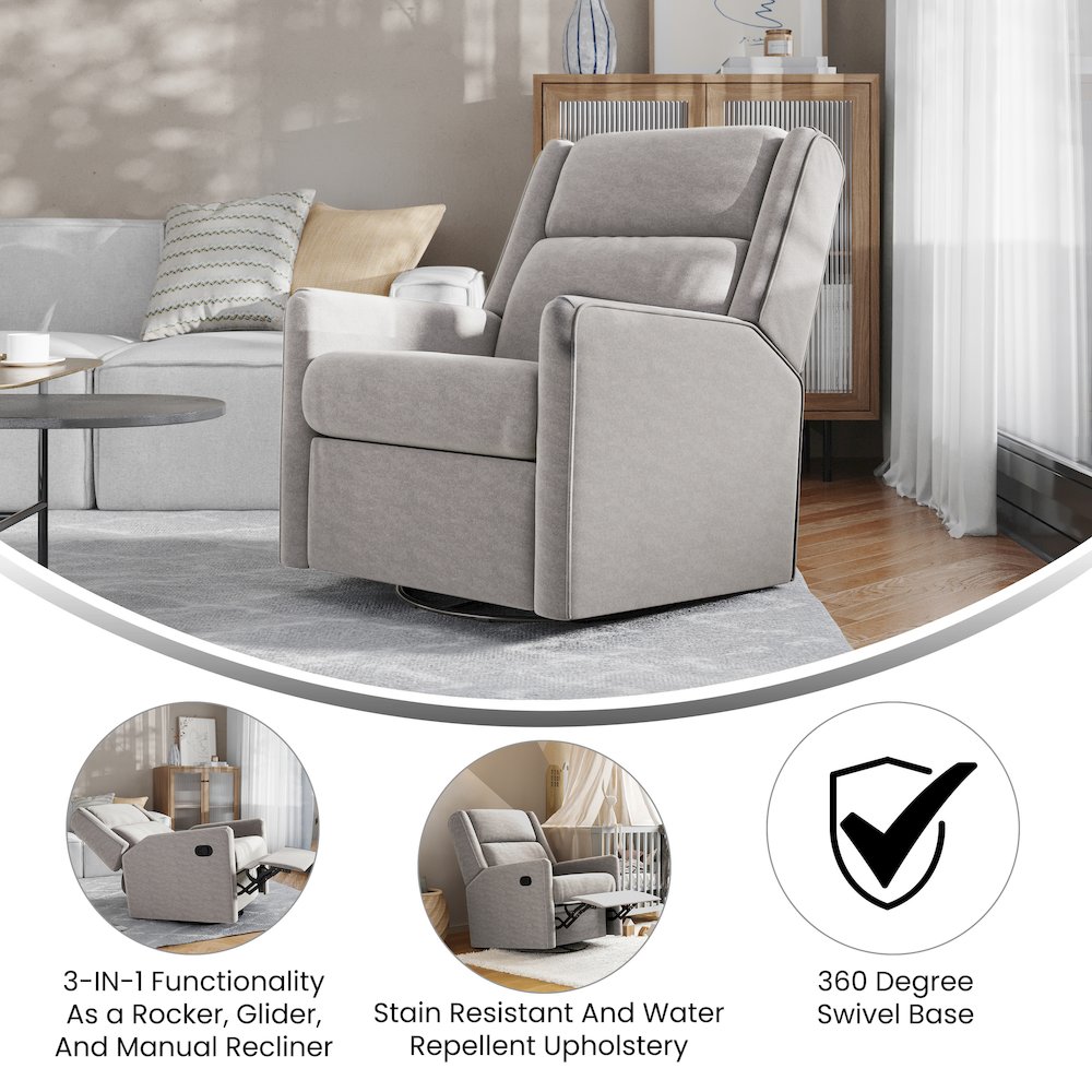 Manual Reclining Glider Swivel Chair, Light Gray. Picture 4