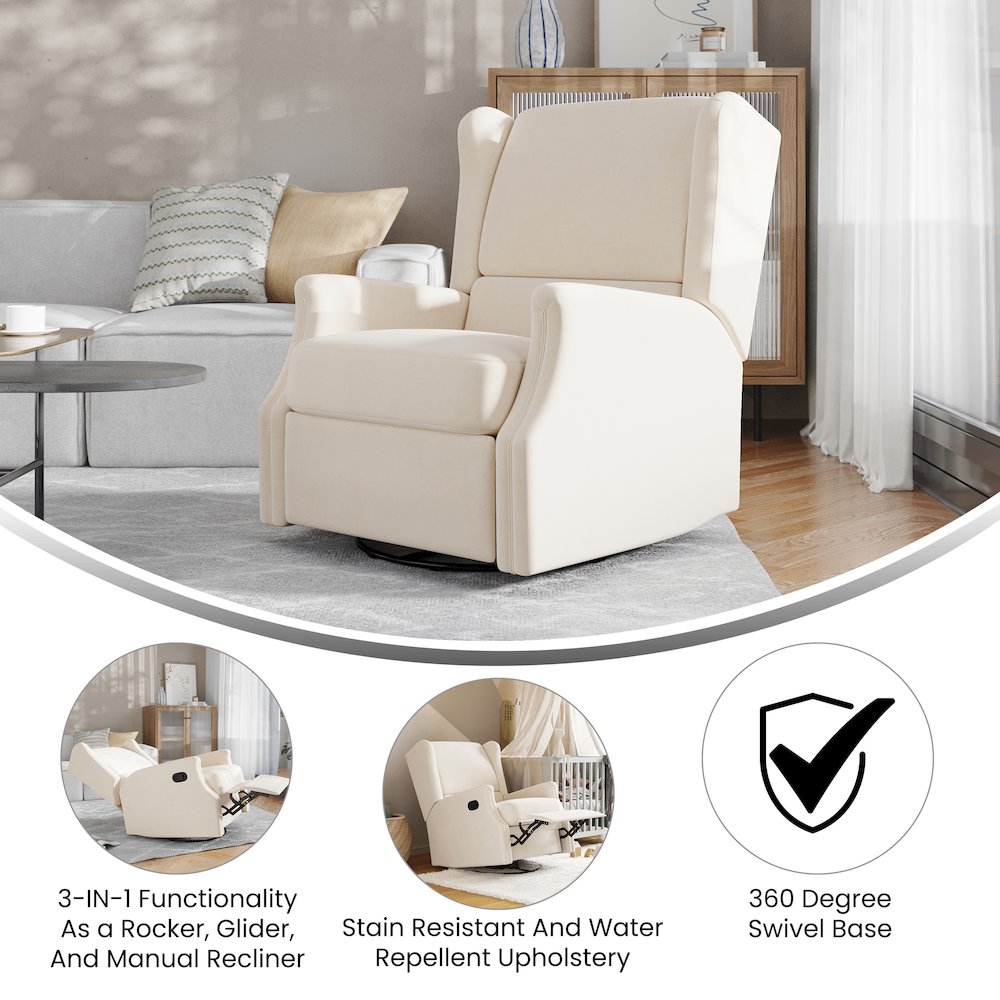 Wingback Manual Reclining Glider Swivel Chair, Cream. Picture 4
