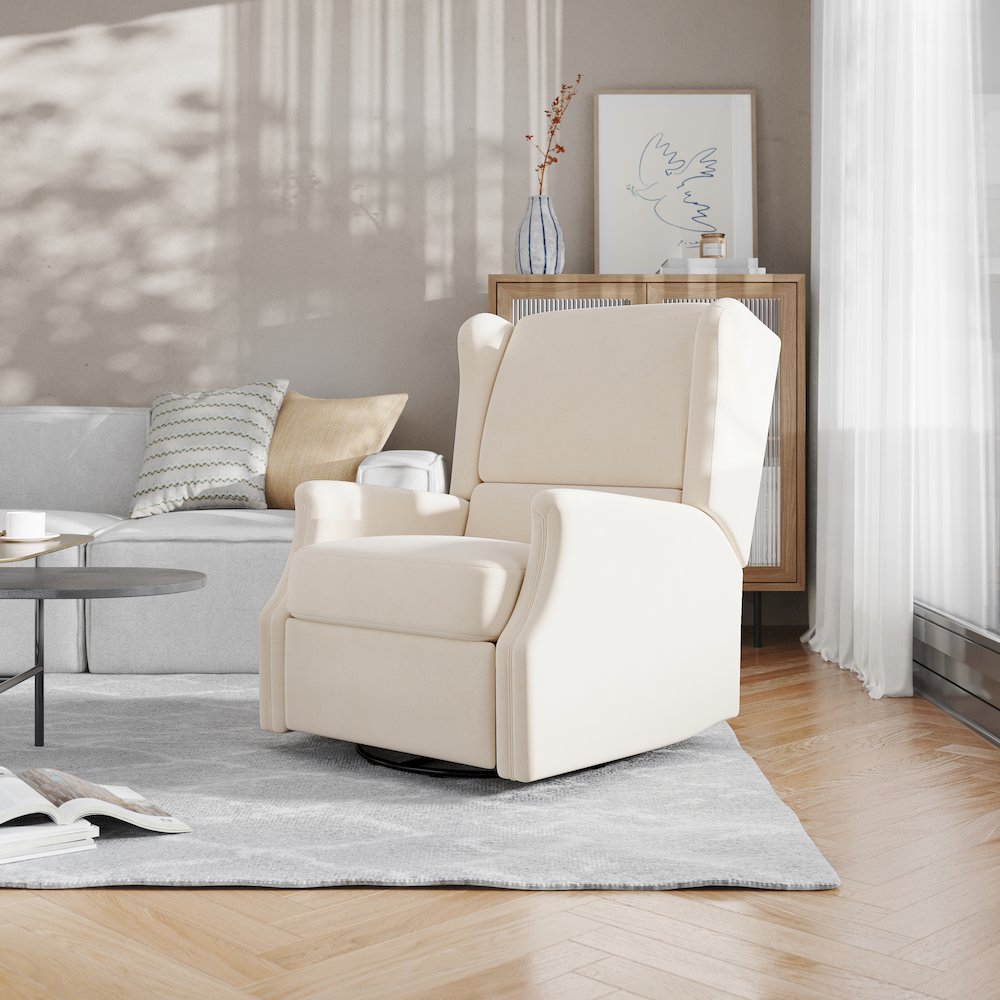 Wingback Manual Reclining Glider Swivel Chair, Cream. Picture 3