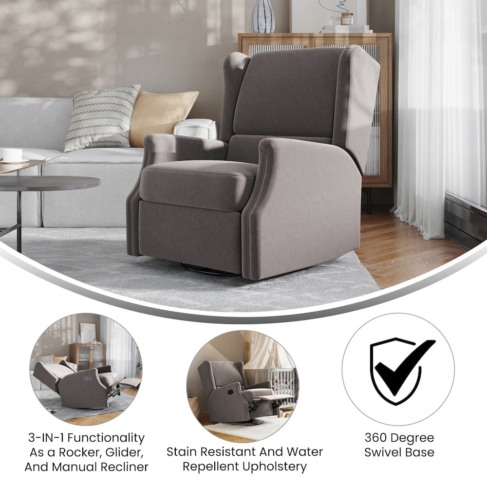 Wingback Manual Reclining Glider Swivel Chair, Dark Gray. Picture 4
