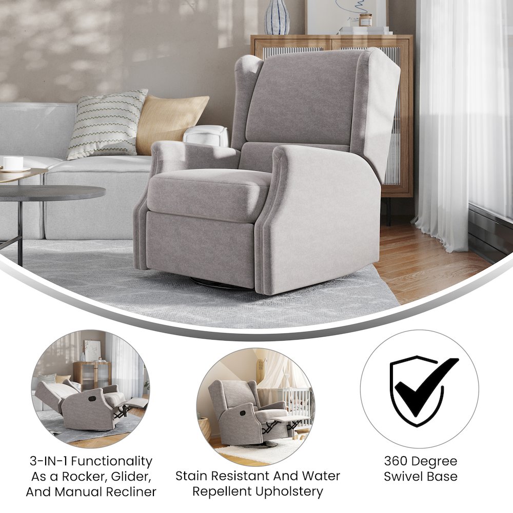 Wingback Manual Reclining Glider Swivel Chair, Light Gray. Picture 4