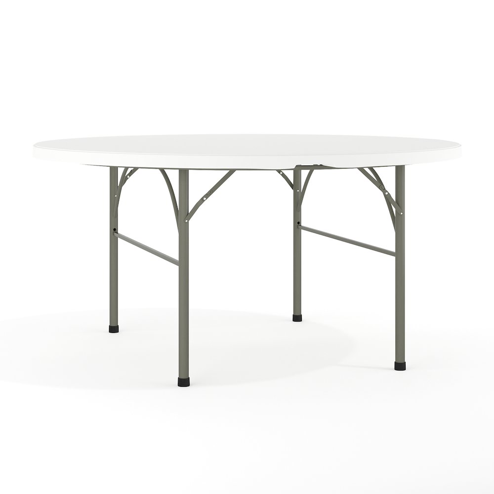 5-Foot Round Bi-Fold White Plastic Folding Table with Carrying Handle. Picture 1