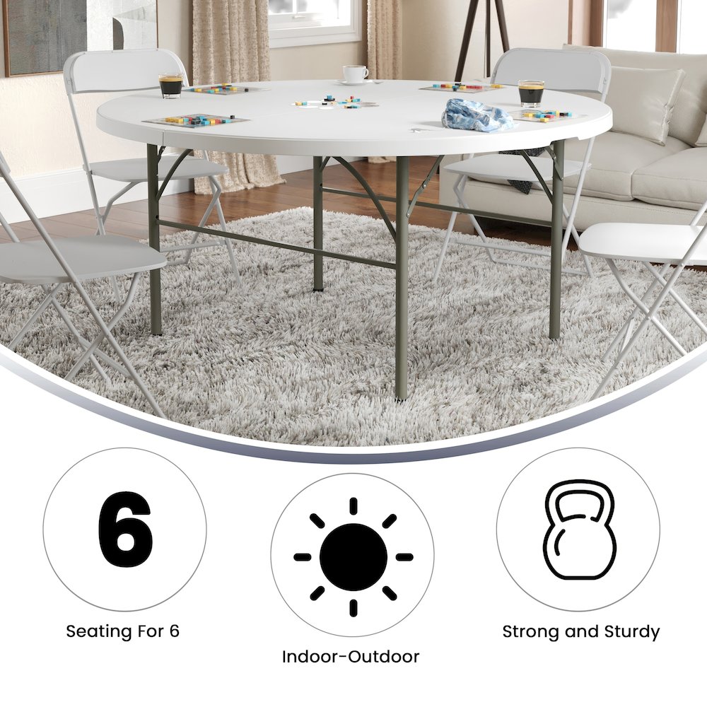 5-Foot Round Bi-Fold White Plastic Folding Table with Carrying Handle. Picture 7