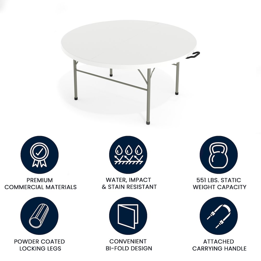 5-Foot Round Bi-Fold White Plastic Folding Table with Carrying Handle. Picture 6