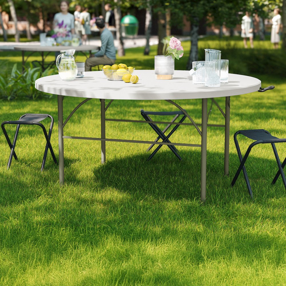 5-Foot Round Bi-Fold White Plastic Folding Table with Carrying Handle. Picture 4