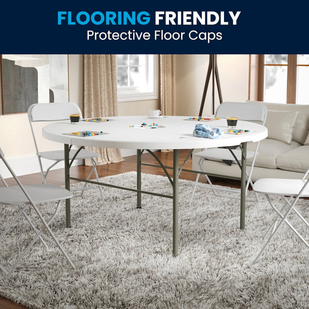 5-Foot Round Bi-Fold White Plastic Folding Table with Carrying Handle. Picture 10