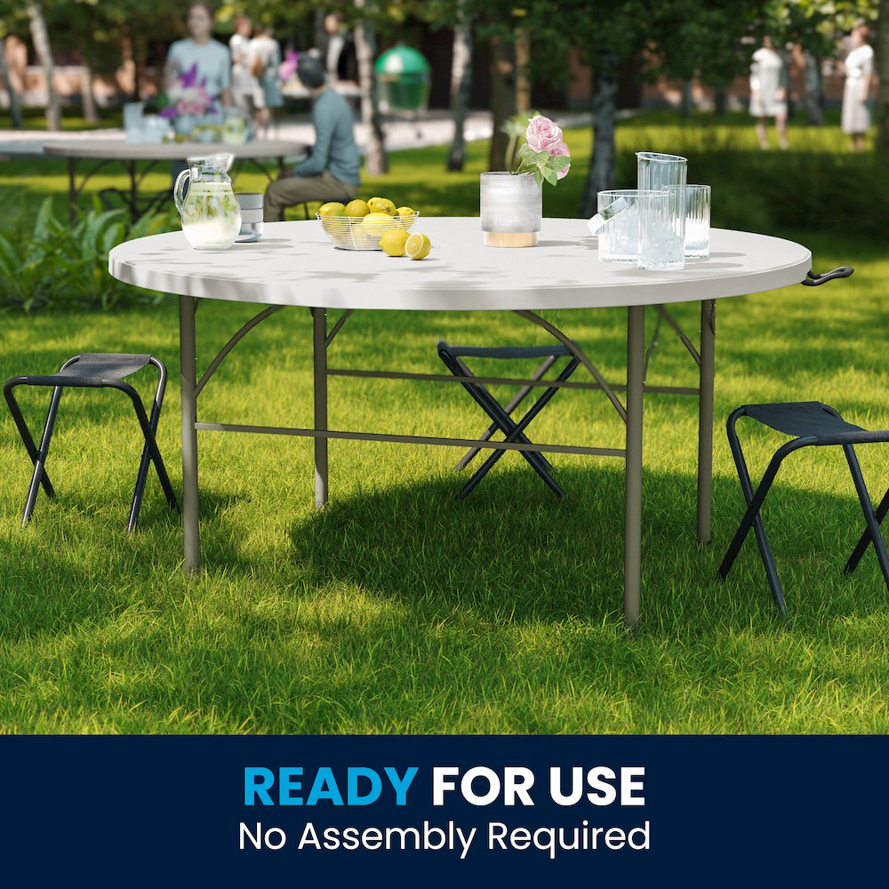 5-Foot Round Bi-Fold White Plastic Folding Table with Carrying Handle. Picture 3