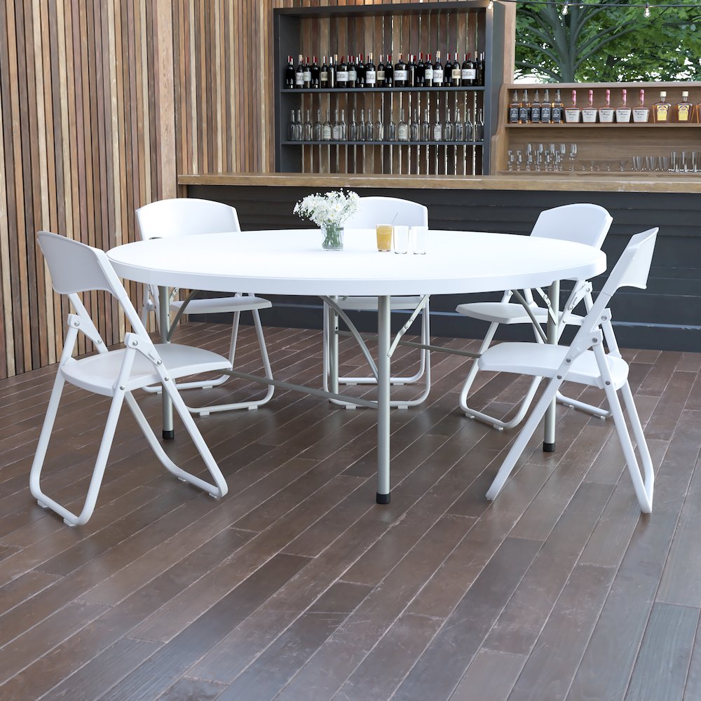 6-Foot Round Bi-Fold Granite White Plastic Banquet and Event Folding Table. Picture 2