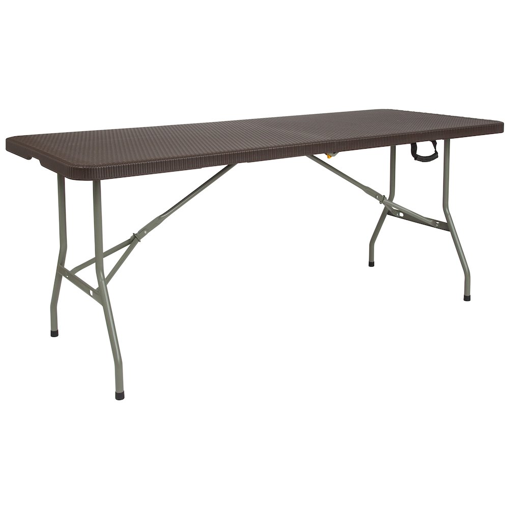6-Foot Bi-Fold Brown Rattan Plastic Folding Table. Picture 1