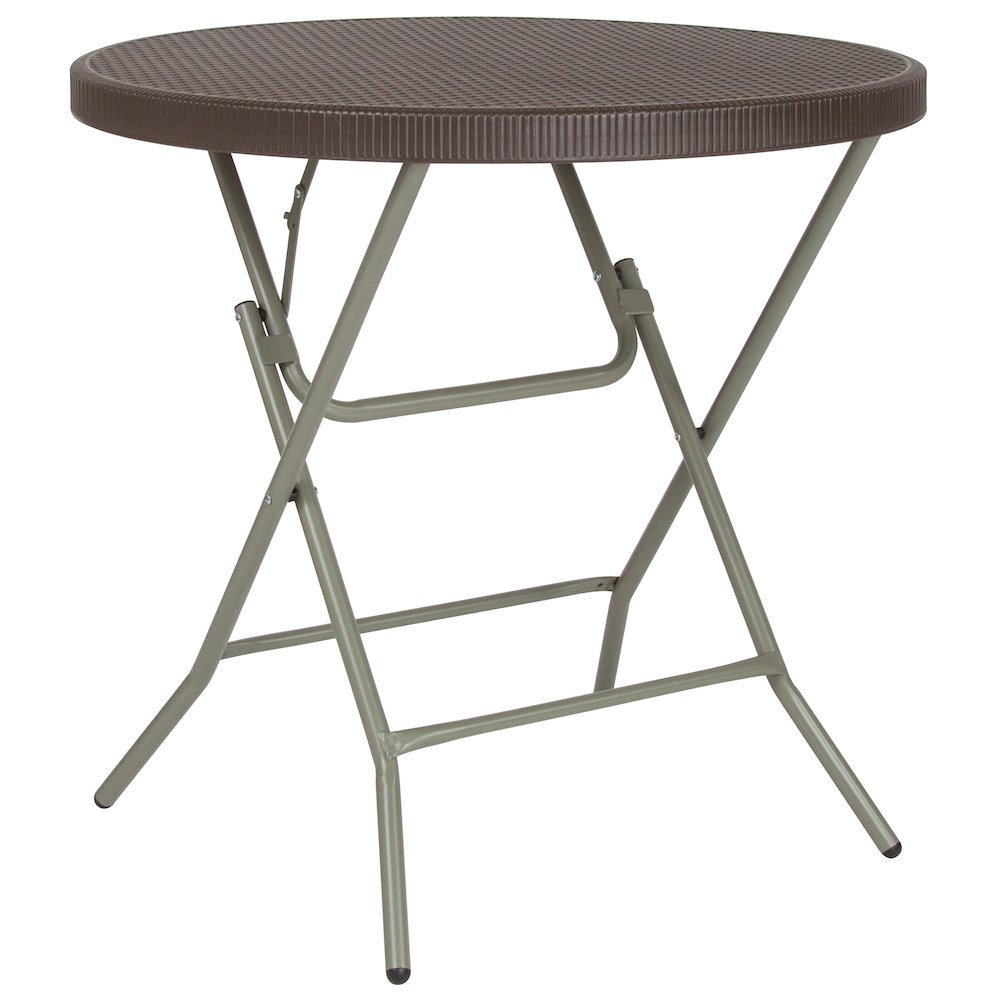 2.6-Foot Round Brown Rattan Plastic Folding Table. Picture 1
