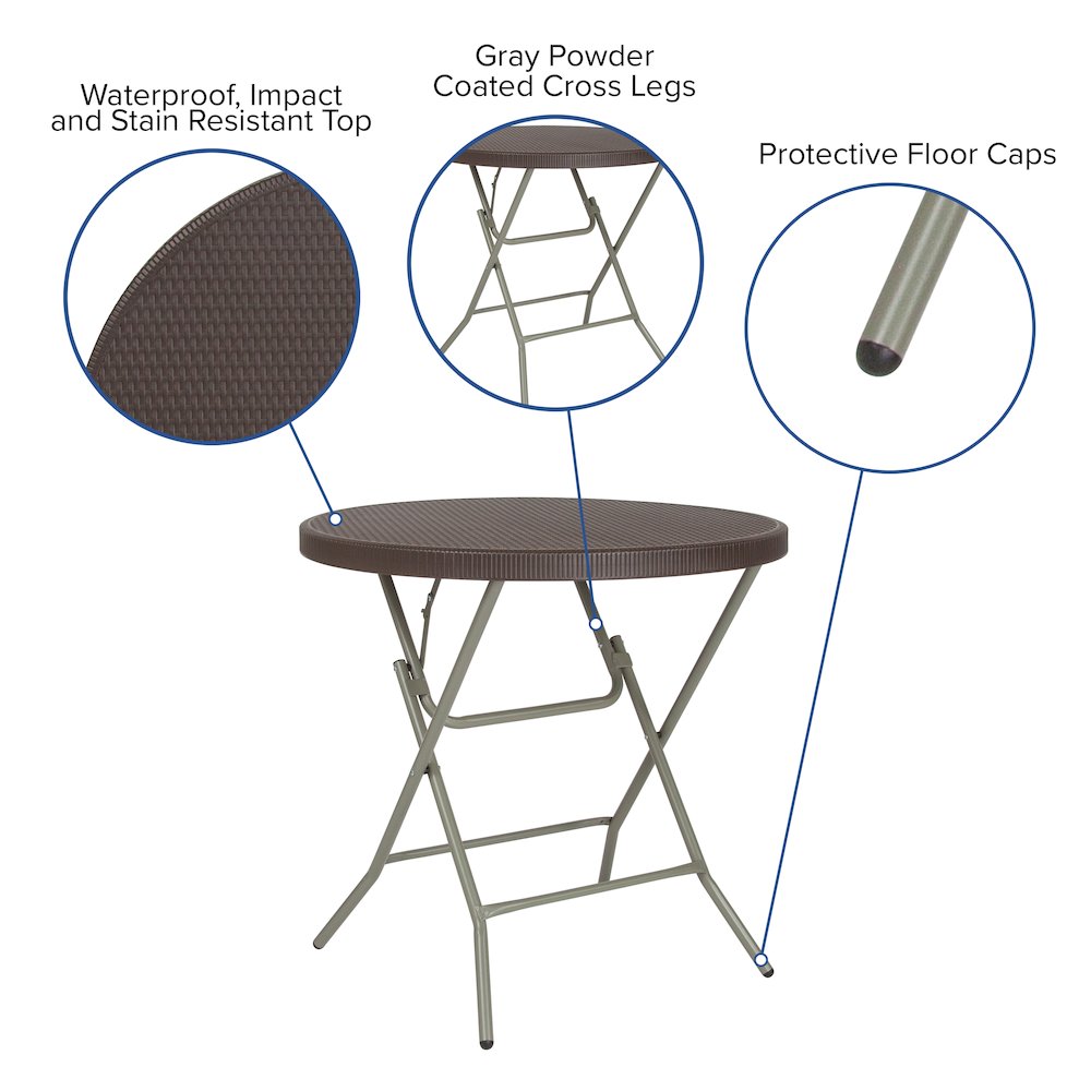 2.6-Foot Round Brown Rattan Plastic Folding Table. Picture 4
