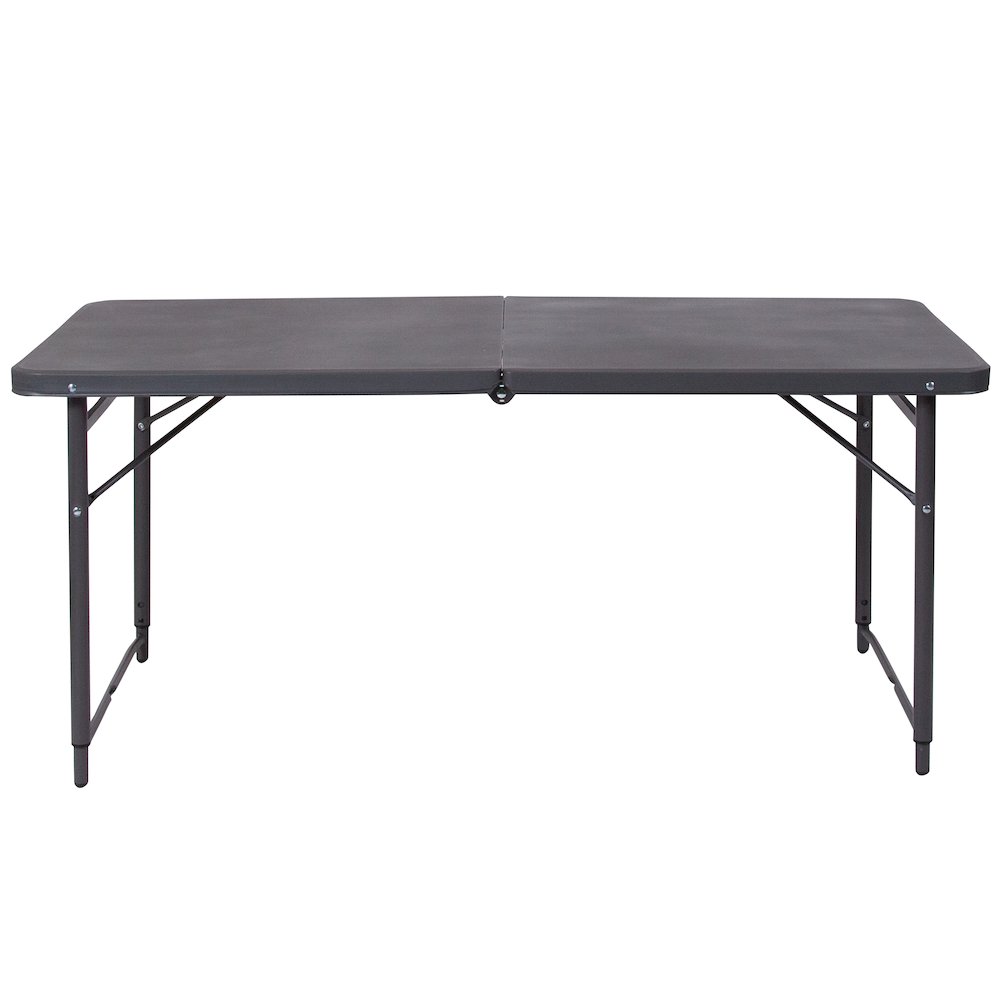 4-Foot Height Adjustable Bi-Fold Dark Gray Plastic Folding Table with Carrying Handle. Picture 3