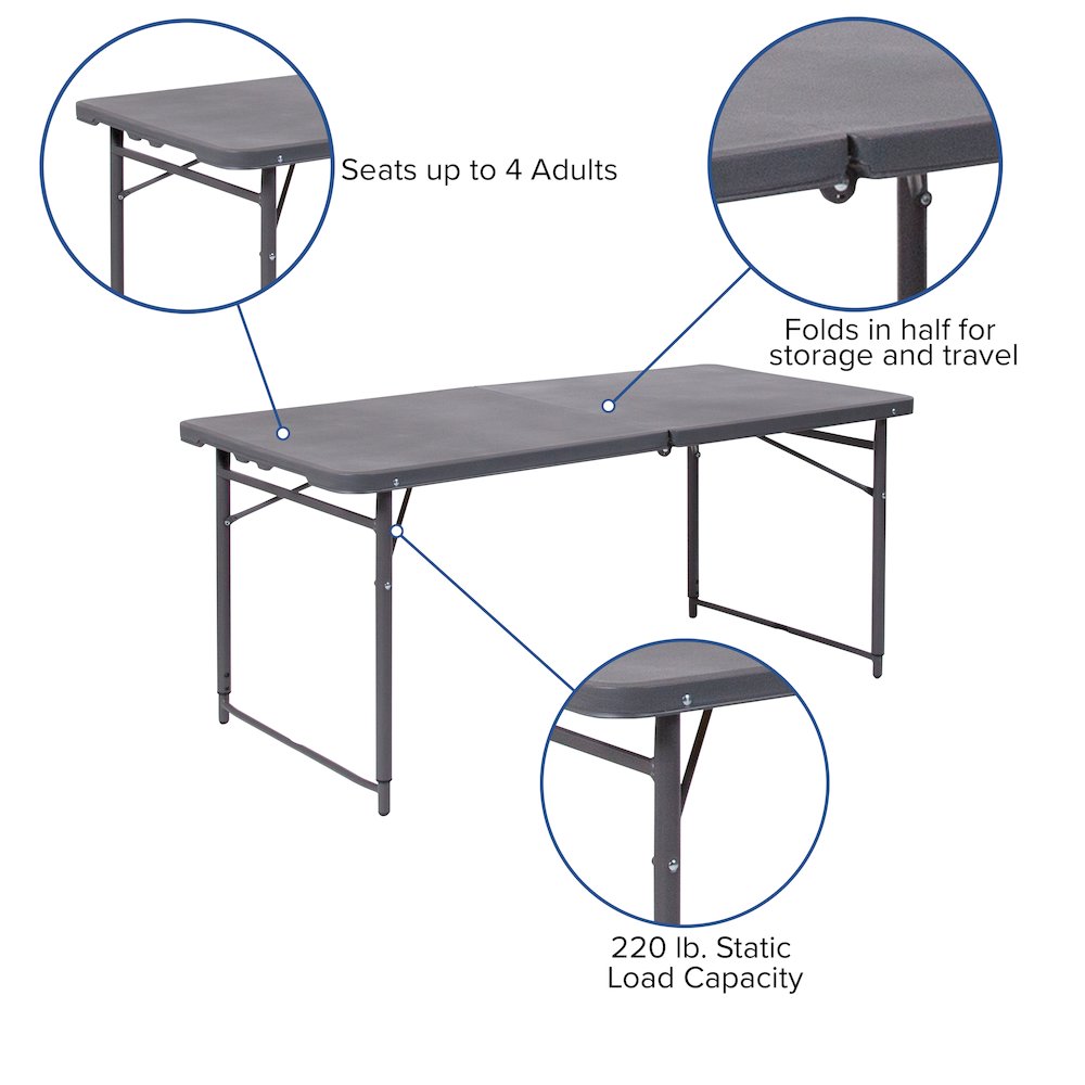 4-Foot Height Adjustable Bi-Fold Dark Gray Plastic Folding Table with Carrying Handle. Picture 6