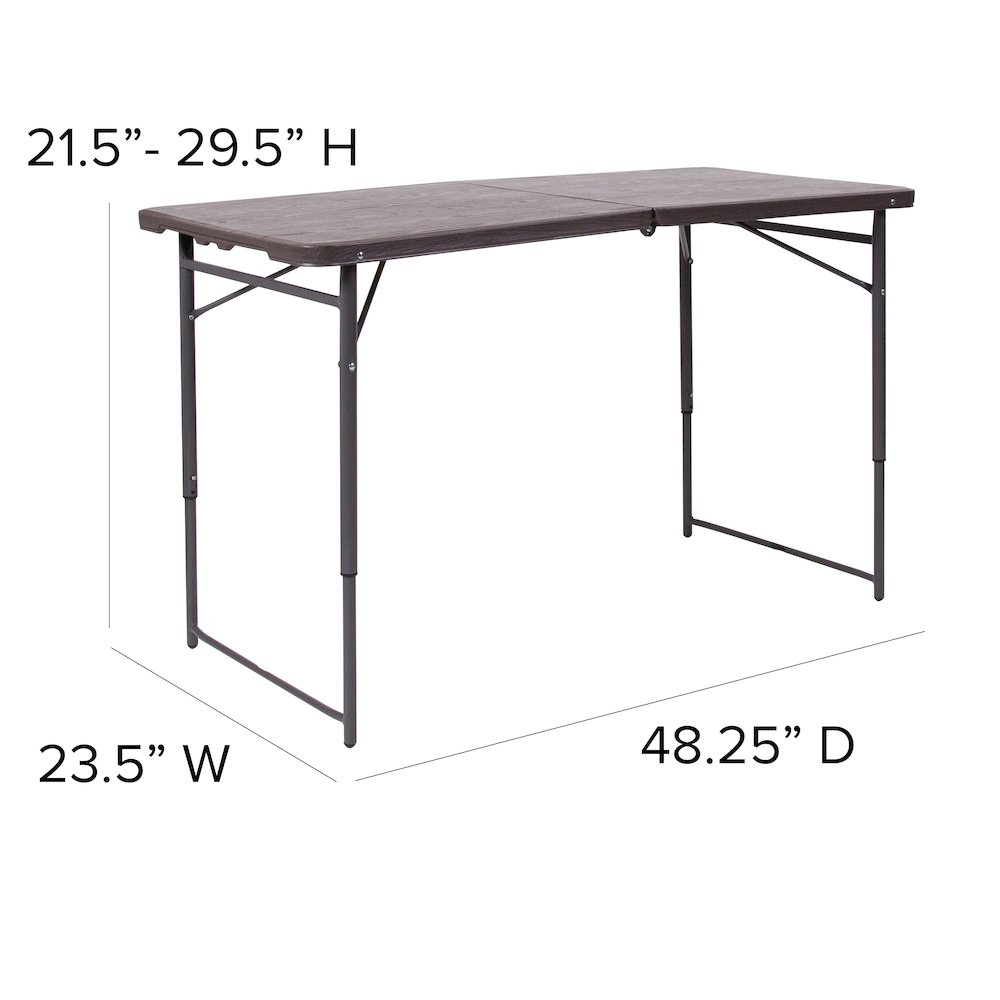 4-Foot Height Adjustable Bi-Fold Brown Wood Grain Plastic Folding Table. Picture 6