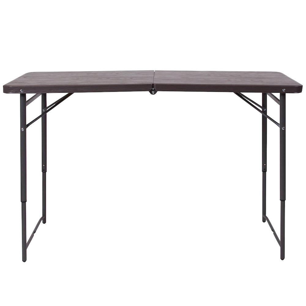 4-Foot Height Adjustable Bi-Fold Brown Wood Grain Plastic Folding Table. Picture 8