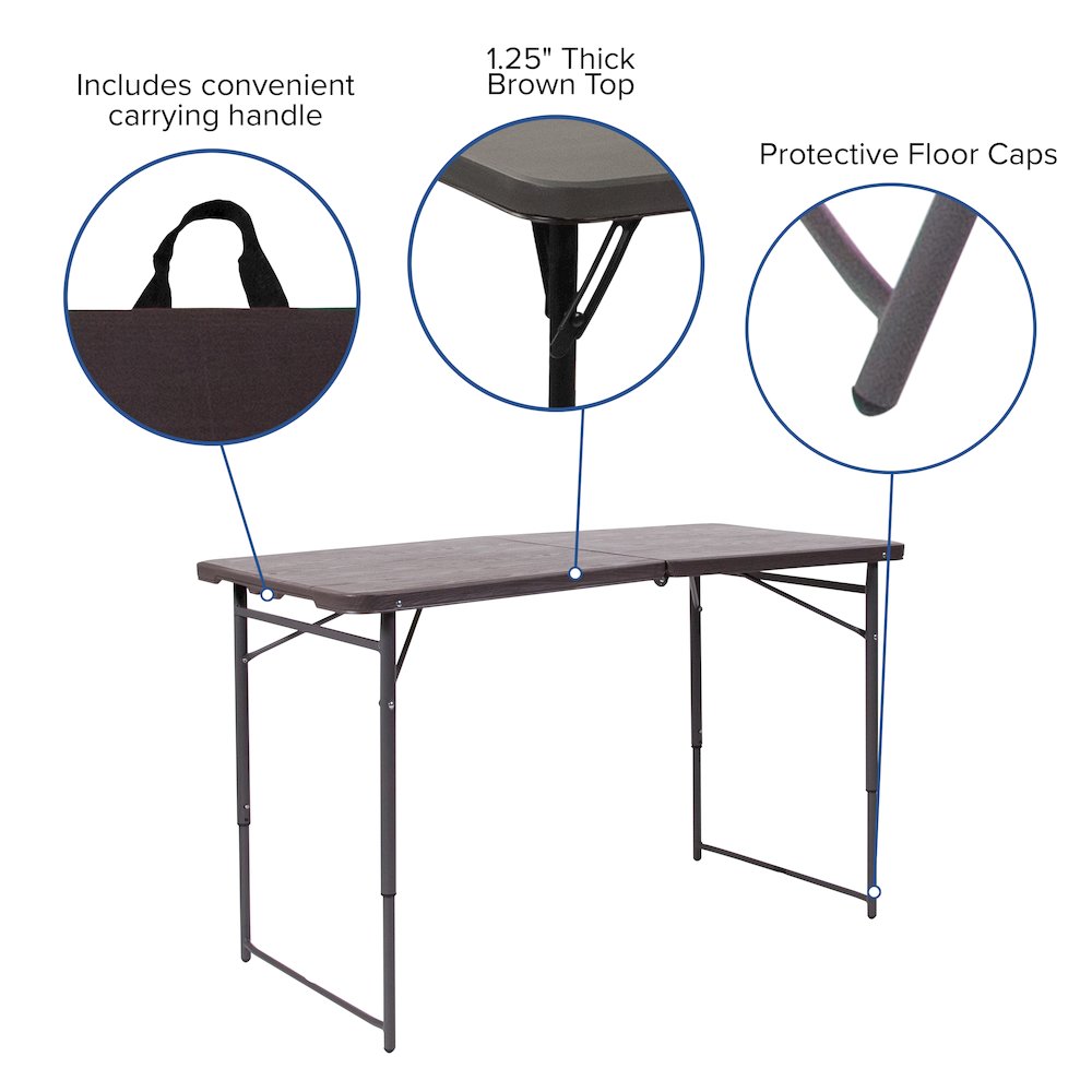4-Foot Height Adjustable Bi-Fold Brown Wood Grain Plastic Folding Table. Picture 5
