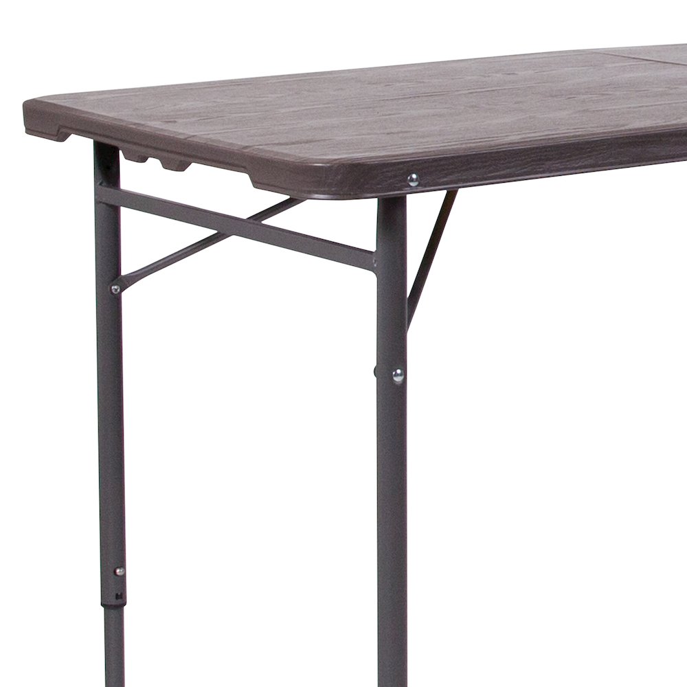 4-Foot Height Adjustable Bi-Fold Brown Wood Grain Plastic Folding Table. Picture 10