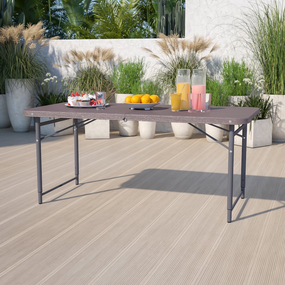 4-Foot Height Adjustable Bi-Fold Brown Wood Grain Plastic Folding Table. Picture 2