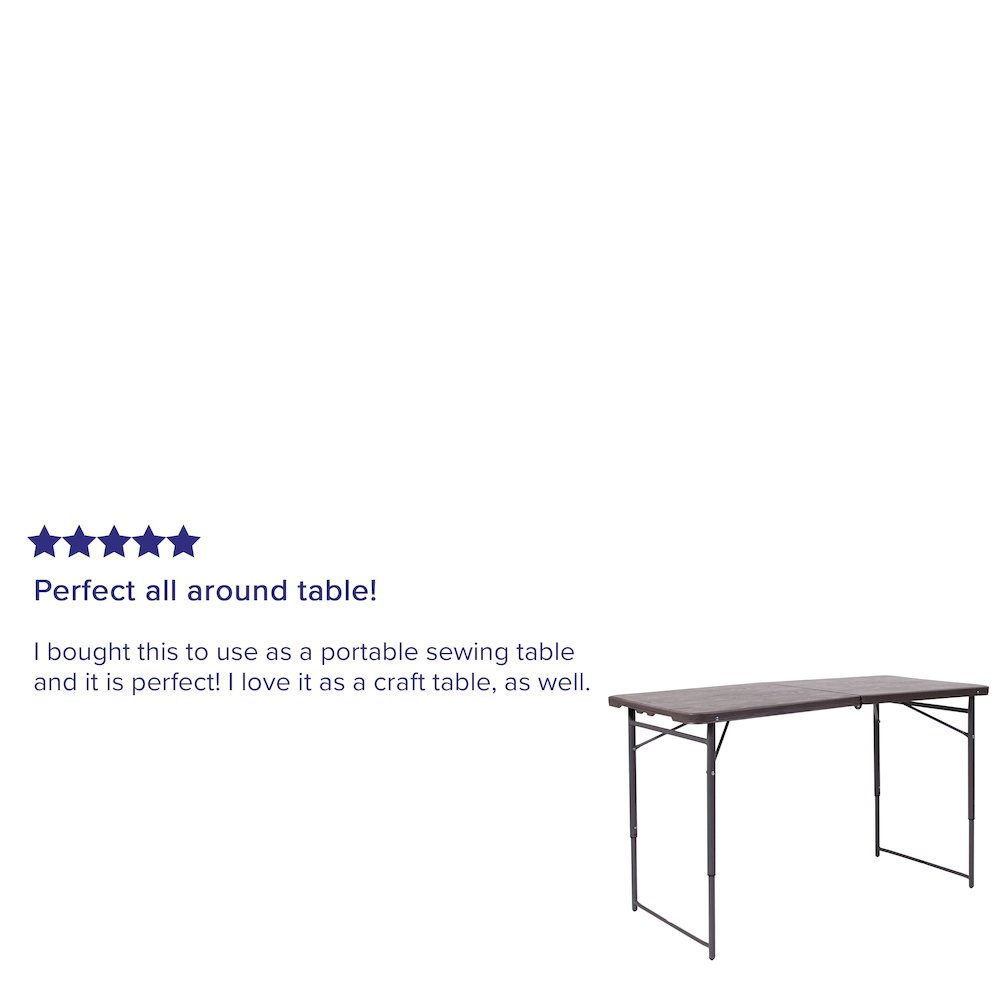 4-Foot Height Adjustable Bi-Fold Brown Wood Grain Plastic Folding Table. Picture 4