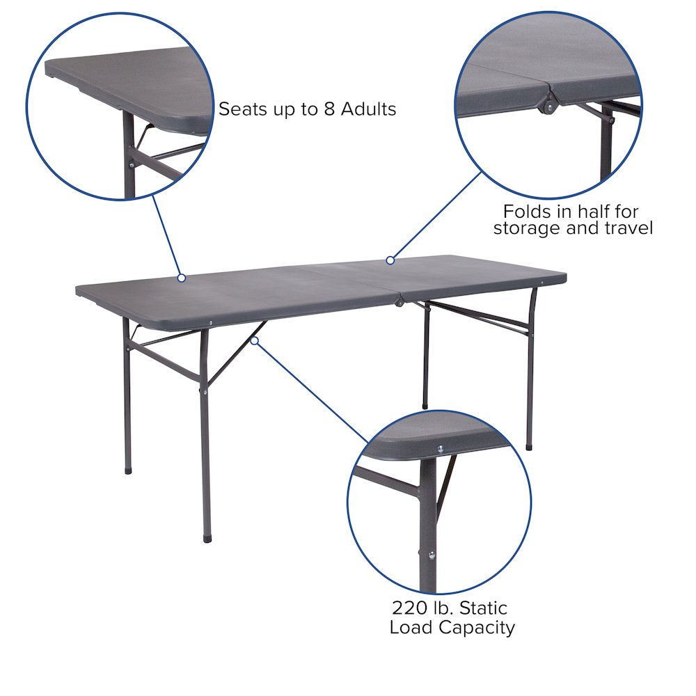 6-Foot Bi-Fold Dark Gray Plastic Folding Table with Carrying Handle. Picture 5