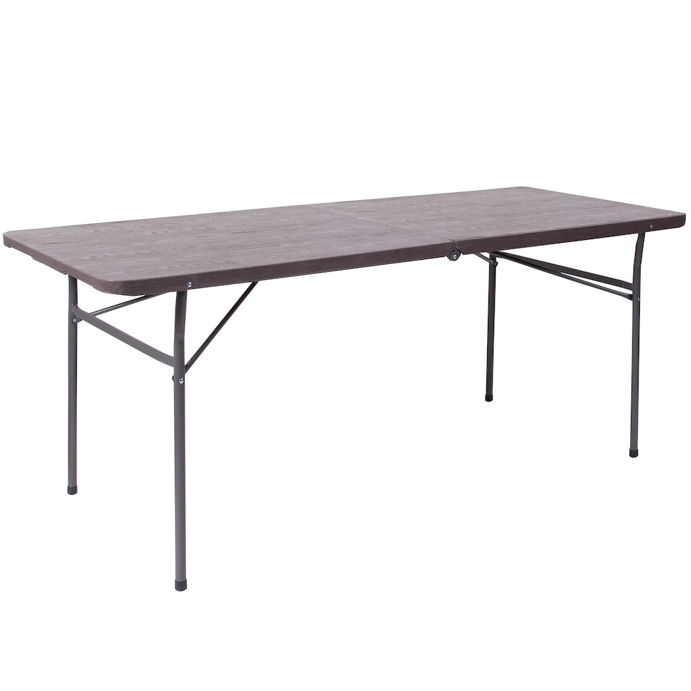 6-Foot Bi-Fold Brown Wood Grain Plastic Folding Table with Carrying Handle. Picture 1