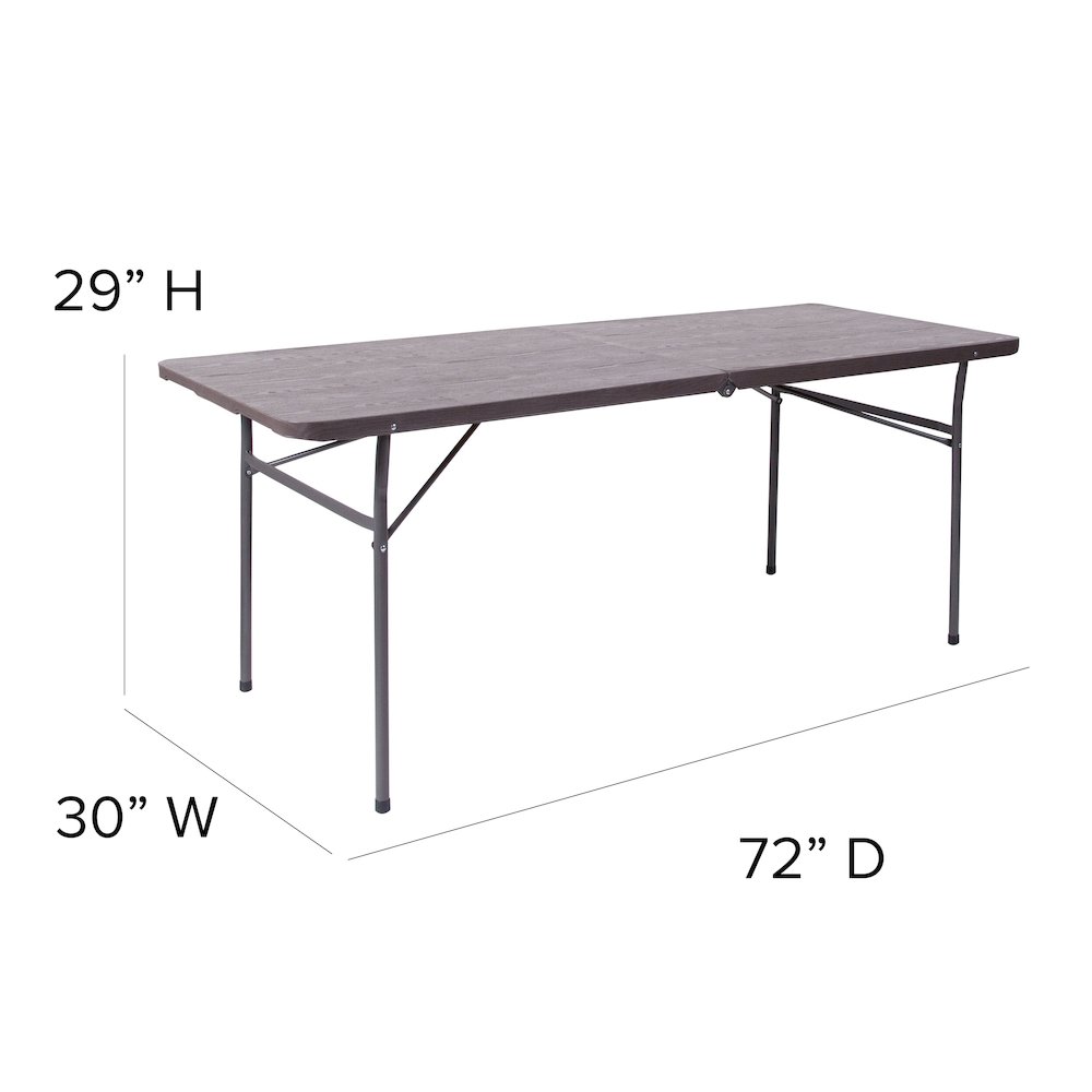 6-Foot Bi-Fold Brown Wood Grain Plastic Folding Table with Carrying Handle. Picture 2