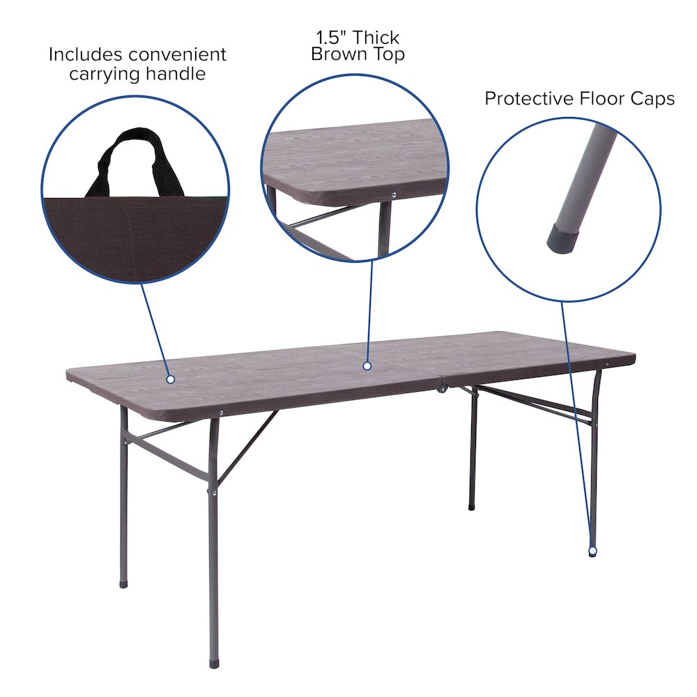 6-Foot Bi-Fold Brown Wood Grain Plastic Folding Table with Carrying Handle. Picture 4