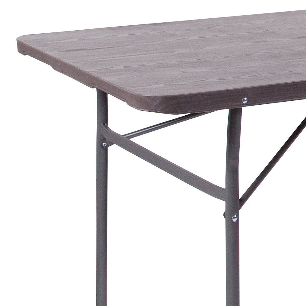 6-Foot Bi-Fold Brown Wood Grain Plastic Folding Table with Carrying Handle. Picture 6
