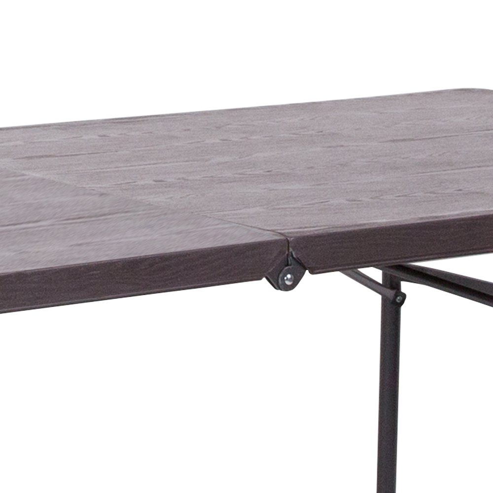 6-Foot Bi-Fold Brown Wood Grain Plastic Folding Table with Carrying Handle. Picture 9