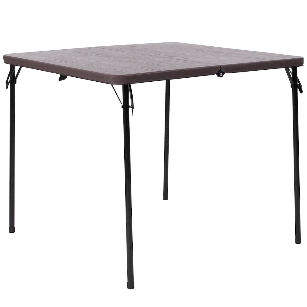 2.83-Foot Bi-Fold Brown Wood Grain Plastic Folding Table with Carrying Handle. Picture 1