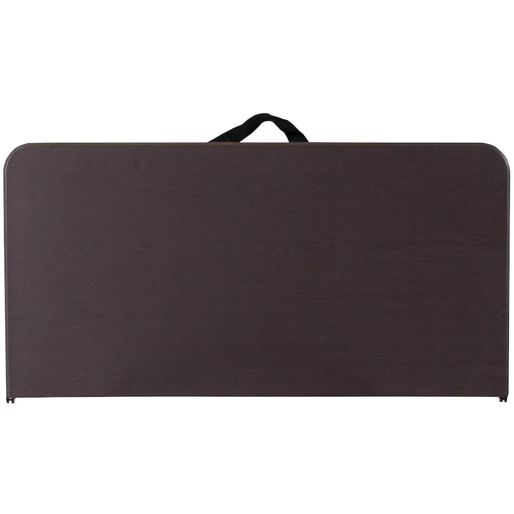 2.83-Foot Bi-Fold Brown Wood Grain Plastic Folding Table with Carrying Handle. Picture 7