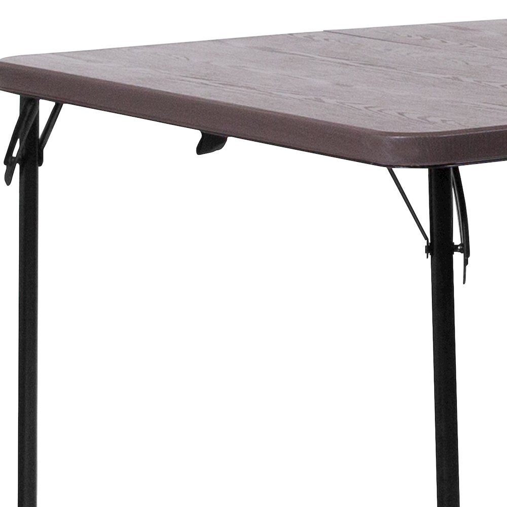 2.83-Foot Bi-Fold Brown Wood Grain Plastic Folding Table with Carrying Handle. Picture 10