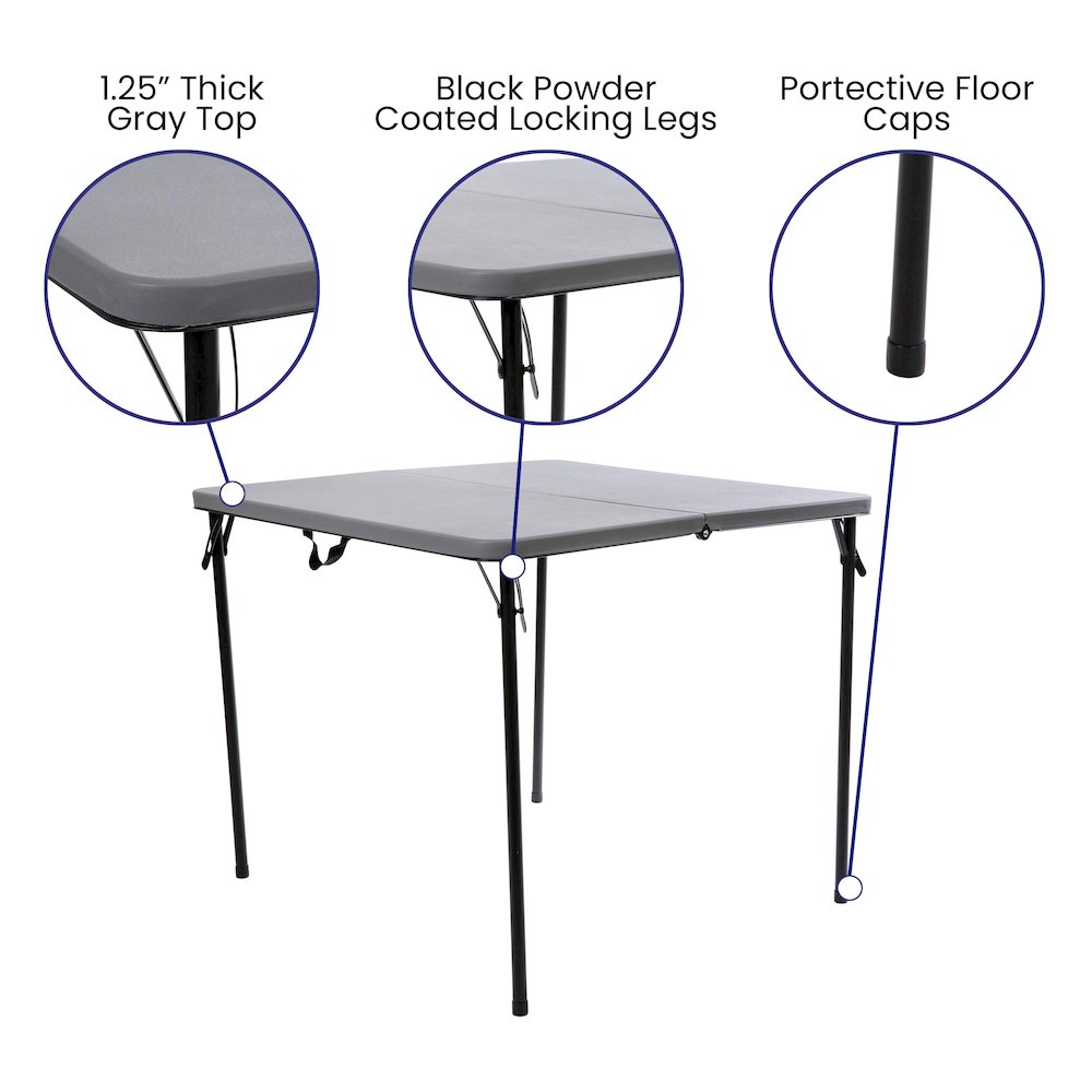 2.83-Foot Square Bi-Fold Gray Plastic Folding Table with Carrying Handle. Picture 5