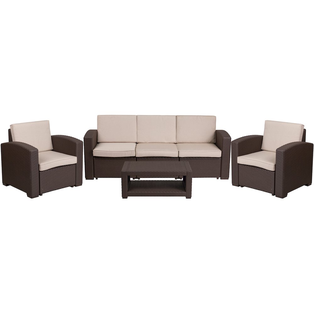 4 Piece Outdoor Faux Rattan Chair, Sofa and Table Set in Seneca Chocolate Brown. Picture 1