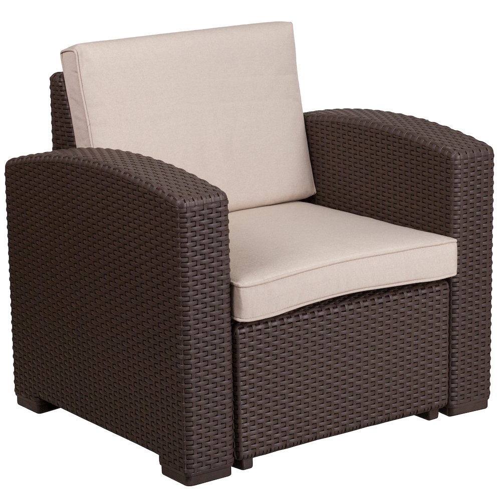 4 Piece Outdoor Faux Rattan Chair, Sofa and Table Set in Seneca Chocolate Brown. Picture 10