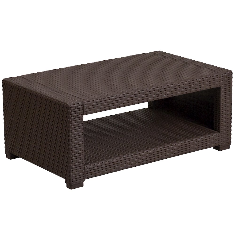 4 Piece Outdoor Faux Rattan Chair, Sofa and Table Set in Seneca Chocolate Brown. Picture 12