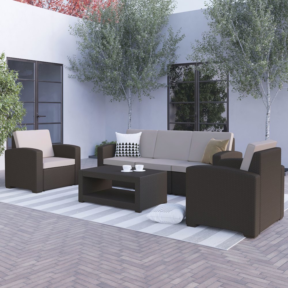 4 Piece Outdoor Faux Rattan Chair, Sofa and Table Set in Seneca Chocolate Brown. Picture 2