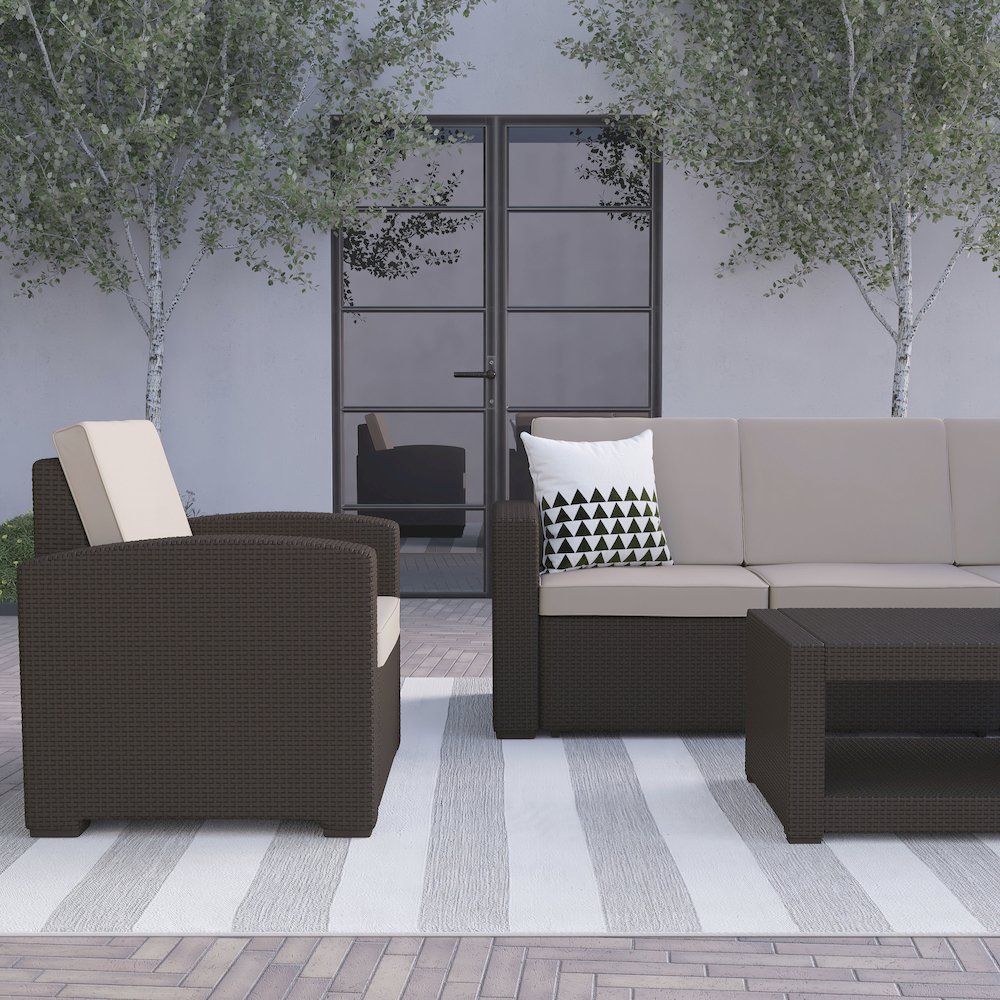 4 Piece Outdoor Faux Rattan Chair, Sofa and Table Set in Seneca Chocolate Brown. Picture 8