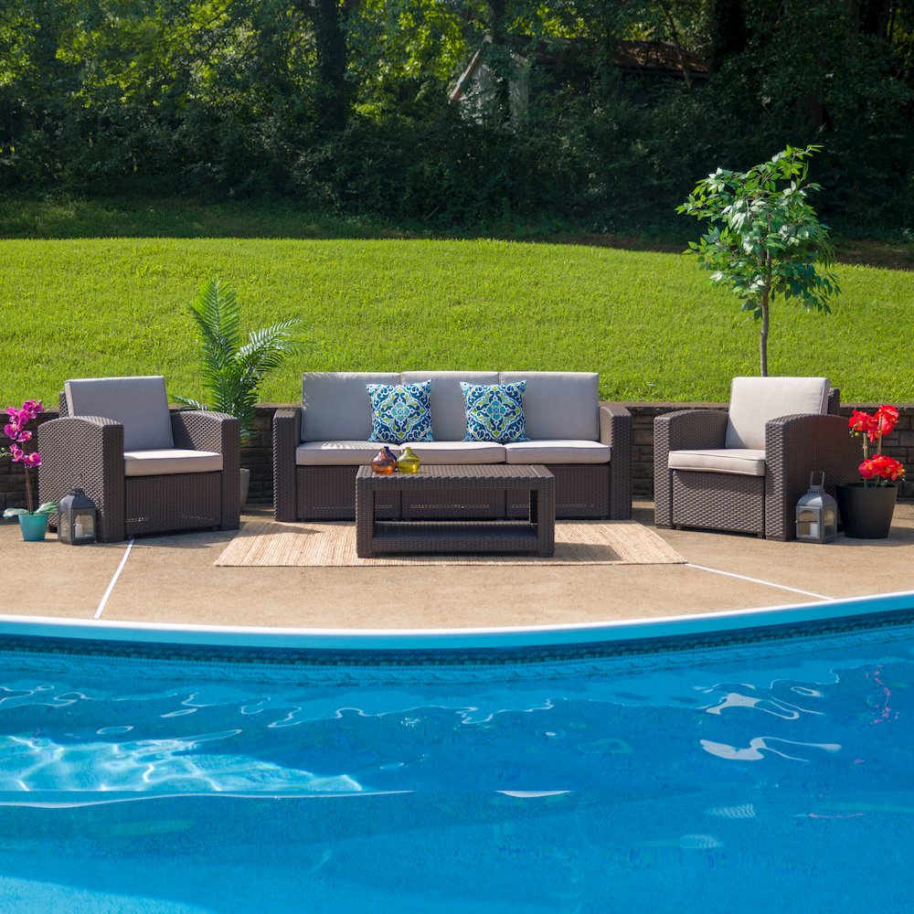 4 Piece Outdoor Faux Rattan Chair, Sofa and Table Set in Seneca Chocolate Brown. Picture 9
