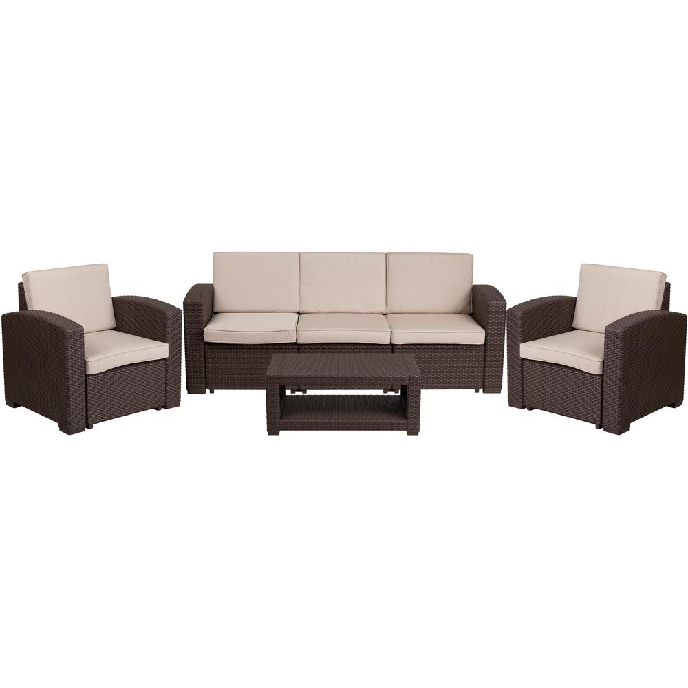 4 Piece Outdoor Faux Rattan Chair, Sofa and Table Set in Chocolate Brown. Picture 1