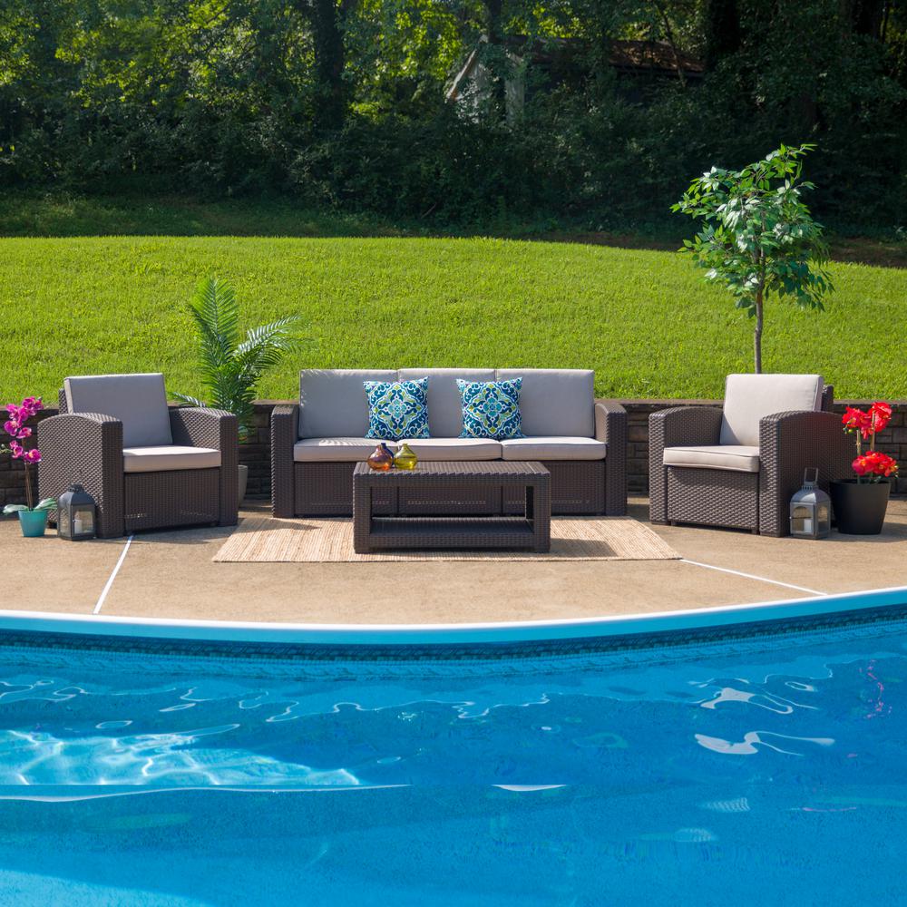 4 Piece Outdoor Faux Rattan Chair, Sofa and Table Set in Chocolate Brown. Picture 3