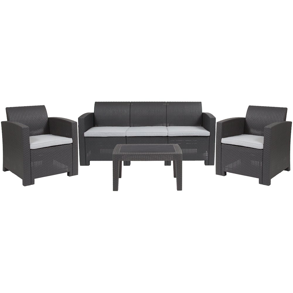 4 Piece Outdoor Faux Rattan Chair, Sofa and Table Set in Seneca Dark Gray. Picture 1