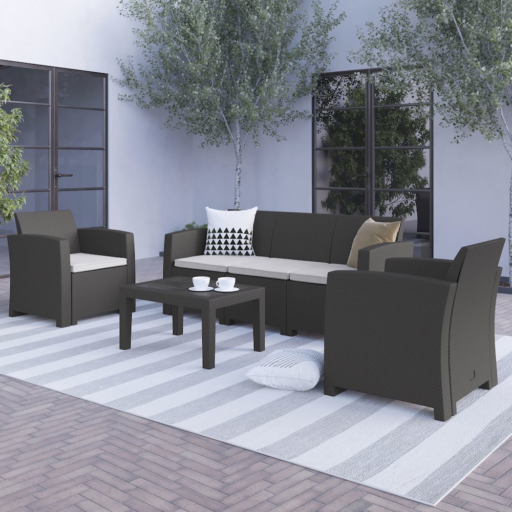 4 Piece Outdoor Faux Rattan Chair, Sofa and Table Set in Seneca Dark Gray. Picture 2
