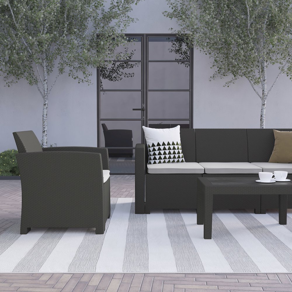 4 Piece Outdoor Faux Rattan Chair, Sofa and Table Set in Seneca Dark Gray. Picture 4