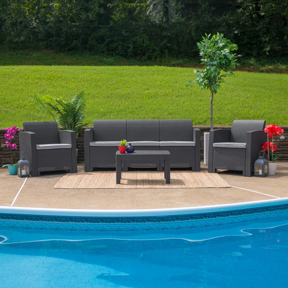 4 Piece Outdoor Faux Rattan Chair, Sofa and Table Set in Seneca Dark Gray. Picture 5